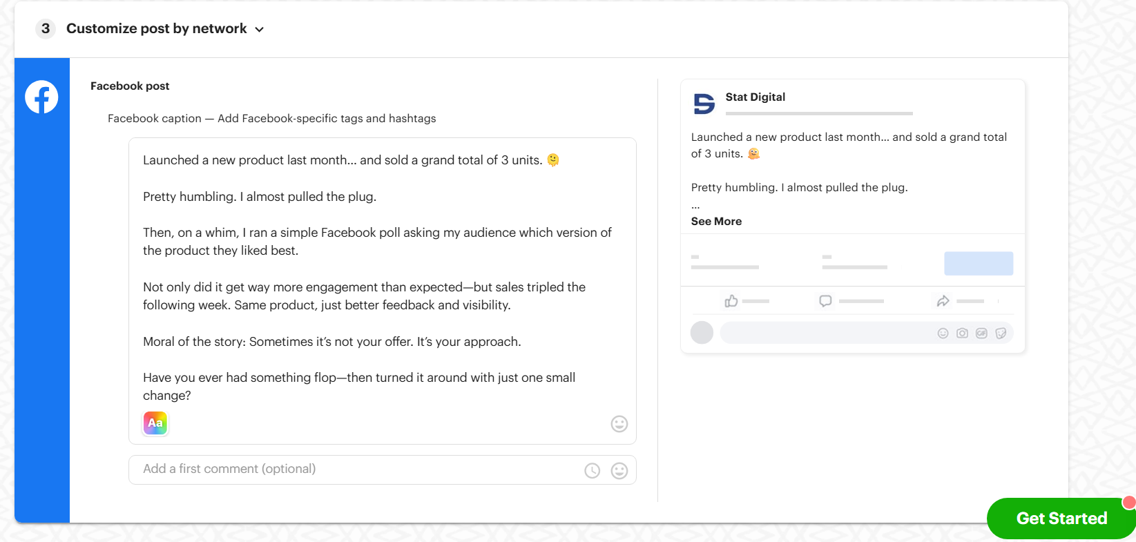 Add a first comment, enable recycling, or customize the post for each network where you’re posting it